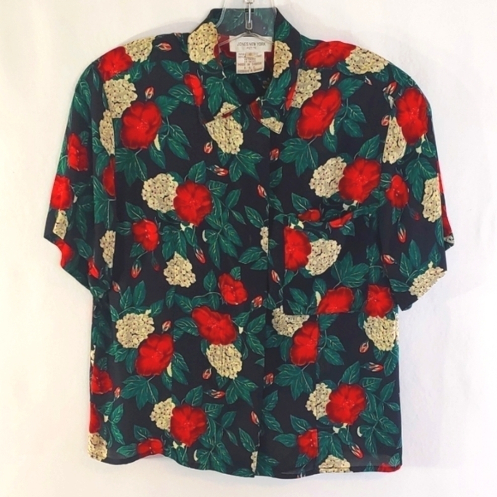 Jones New York Short Sleeve Floral Button Down Blouse Size 6